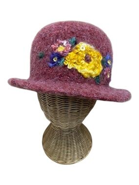 Handmade Womens Vintage Felted Wool Cloche Hat Burgundy Flowers